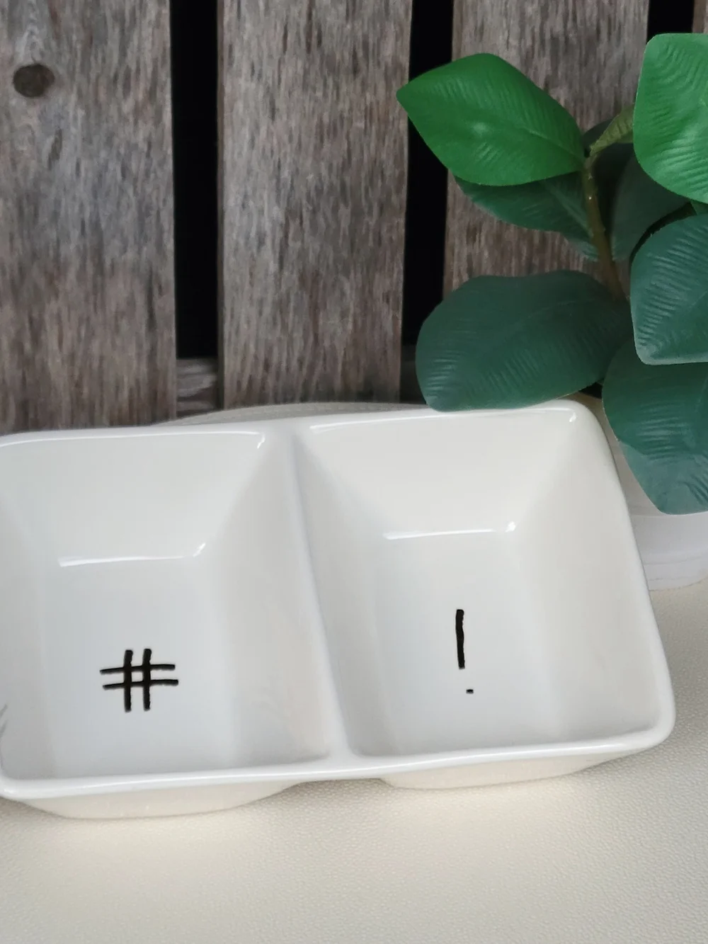 Rae Dunn Hashtag # & Exclamation ! White Double Ceramic Dip Dish Gold Accents